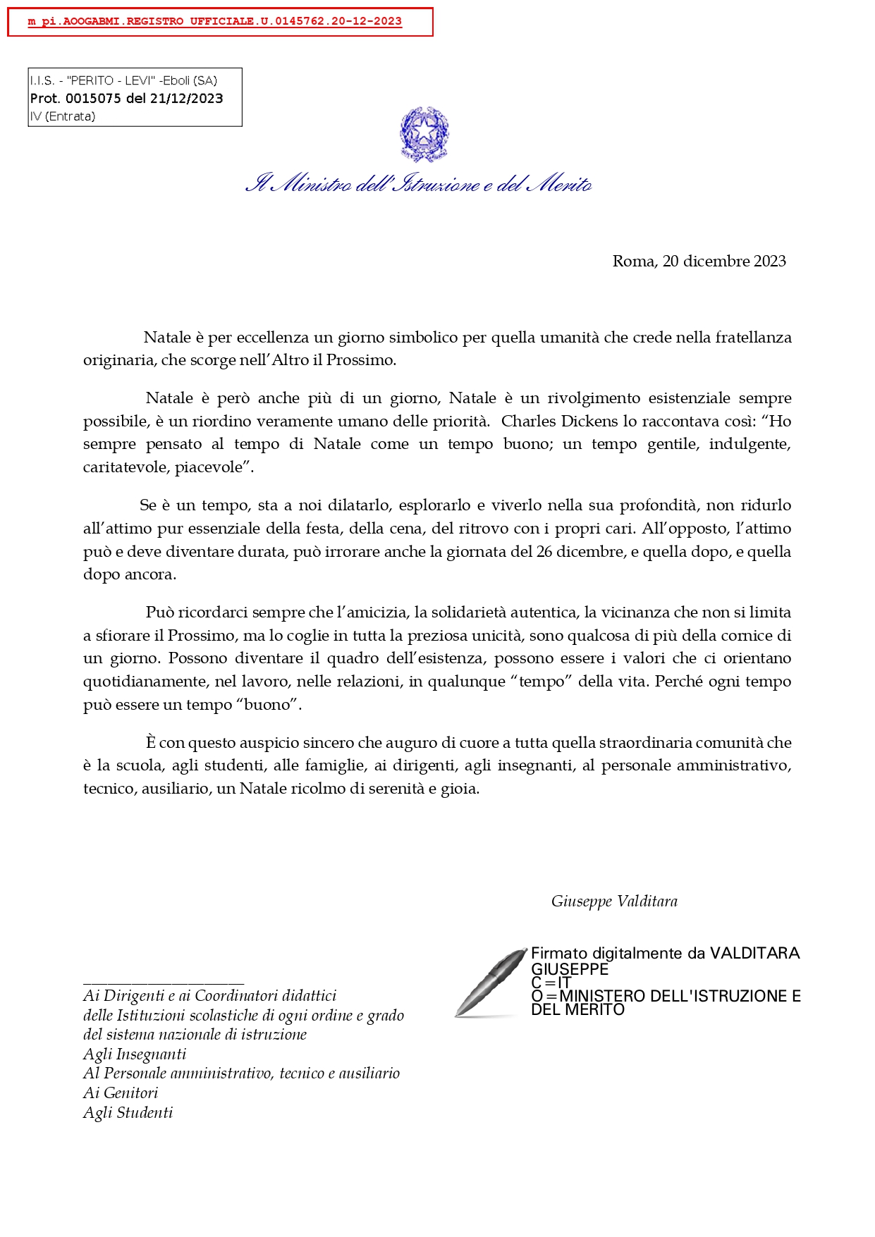 Lettera del Ministro